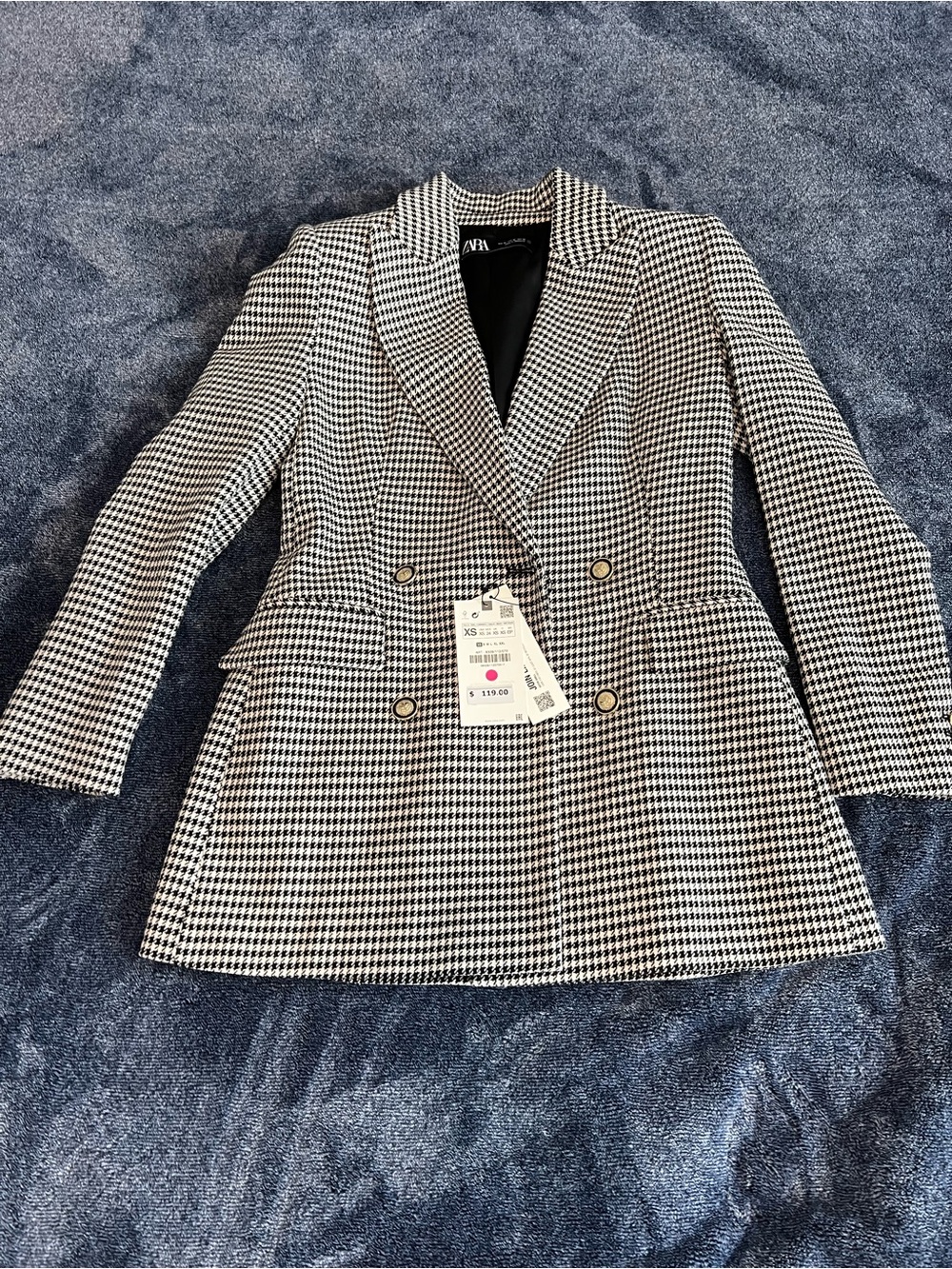 Zara Black & White Houndstooth Double-Breasted Blazer